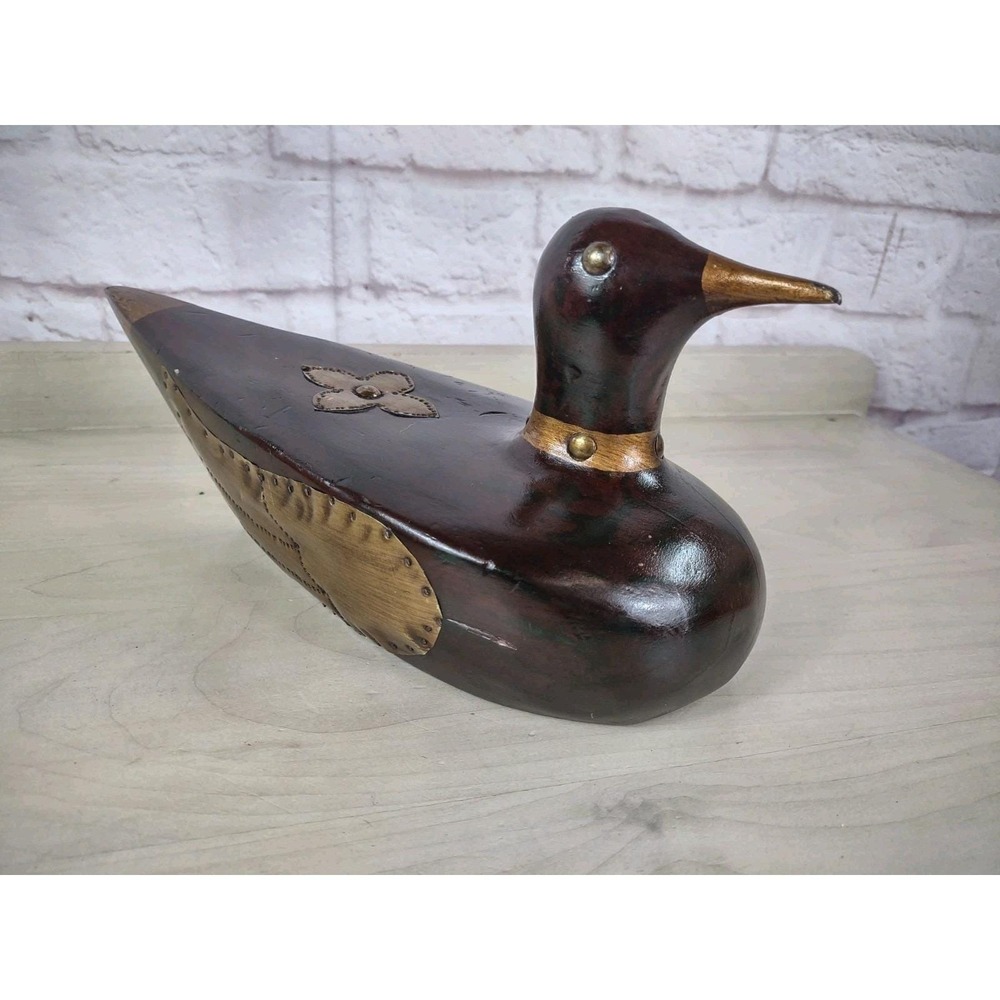 Wooden Folk Art Duck Decoy Wood Brass Country Decor 14 Inch Vtg Knicks SEE